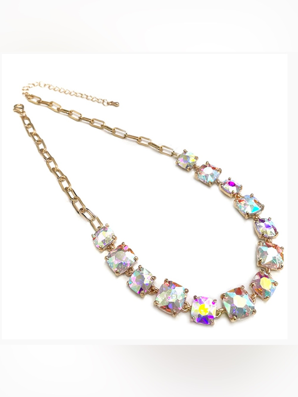 AB Rectangle glass link necklace with lobster claw closure. - Picture 5 of 5
